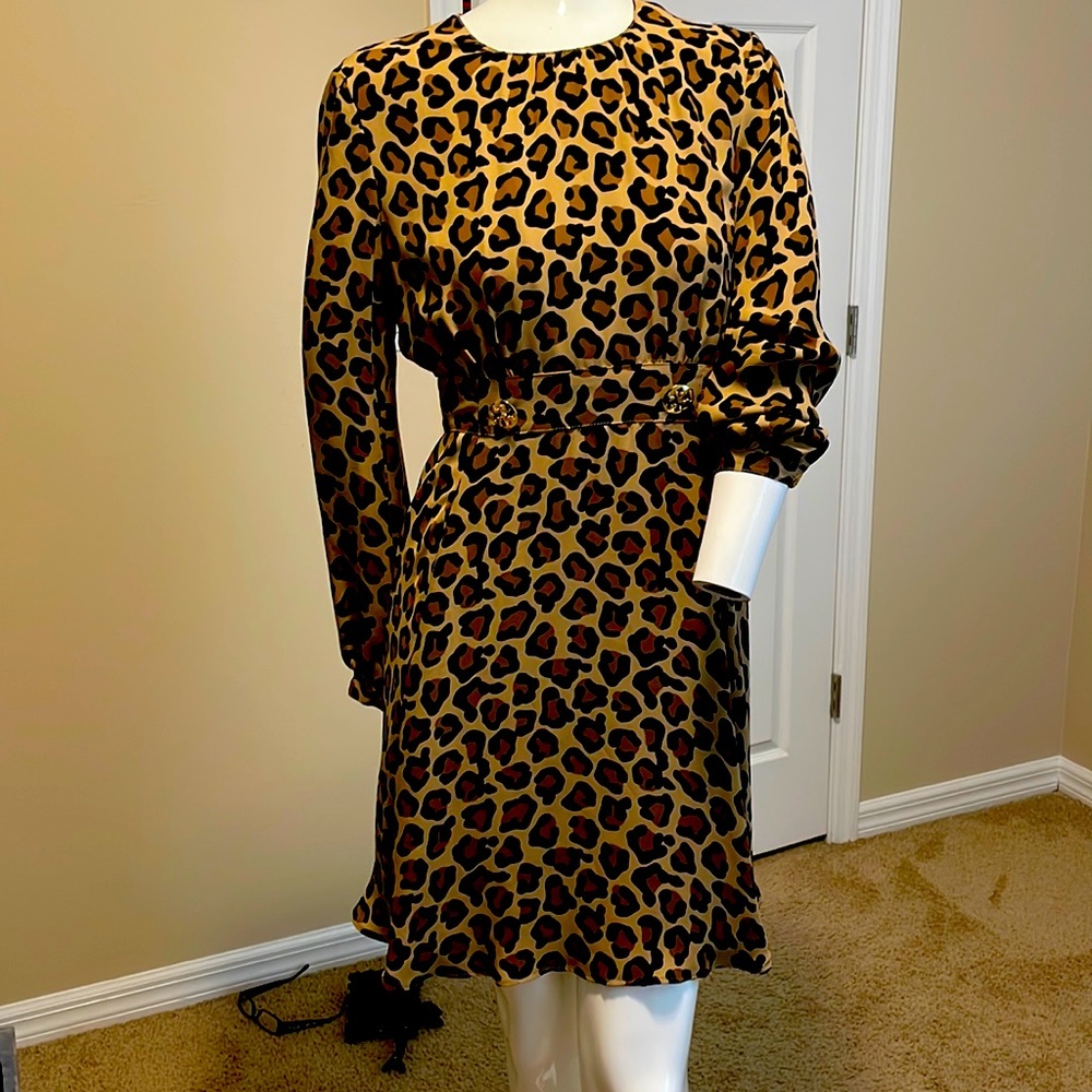 Tory Burch 100% Silk Leopard Print Long Sleeve Fit & Flare Mini Dress Size 6 EUC